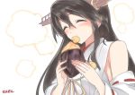  1girl artist_name bare_shoulders black_hair closed_eyes detached_sleeves eating food hair_ornament hairband haruna_(kantai_collection) holding holding_food japanese_clothes kantai_collection long_hair nontraditional_miko remodel_(kantai_collection) sensen solo sweet_potato upper_body white_background yakiimo 