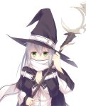  1girl blush breasts cleavage green_eyes hat jacket long_hair looking_at_viewer original scarf scarf_over_mouth shio_(shia-ushio) silver_hair solo staff upper_body white_background witch witch_hat 