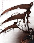  1girl asymmetrical_wings black_dress black_hair bow chain dress expressionless houjuu_nue large_wings looking_at_viewer no_mouth red_eyes red_shoes shoes short_hair short_sleeves sitting sketch solo thigh-highs tokyo_(artist) touhou ufo wings 