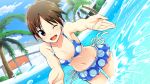  ;d breasts brown_hair cleavage game_cg go!_go!_nippon!_~my_first_trip_to_japan~ highres misaki_akira official_art one_eye_closed open_mouth palm_tree ponytail pool short_hair smile splashing swimsuit tree two_piece water winking 