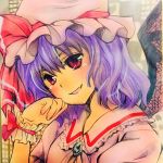  1girl bat_wings fang hat iori_mokamoka looking_at_viewer open_mouth purple_hair red_eyes remilia_scarlet solo touhou traditional_media wings wrist_cuffs 