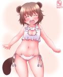  1girl animal_ears ass_visible_through_thighs bare_shoulders blush bra brown_hair cat_cutout cat_ear_panties cat_lingerie cleavage_cutout dated hair_between_eyes highres kanon_(kurogane_knights) kantai_collection kemonomimi_mode navel open_mouth panties raccoon_ears raccoon_tail round_teeth short_hair side-tie_panties smile solo standing stomach tail teeth underwear underwear_only white_bra white_panties yukikaze_(kantai_collection) 