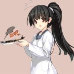  1girl black_hair brown_background collarbone fish isokaze_(kantai_collection) kantai_collection long_sleeves naruse_hirofumi open_mouth plate ponytail red_eyes shirt simple_background solo upper_body white_shirt x_x 