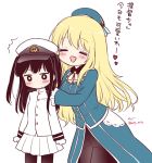  /\/\/\ 2girls ^_^ atago_(kantai_collection) blonde_hair brown_hair closed_eyes commentary_request female_admiral_(kantai_collection) gloves hat heart kantai_collection long_hair long_sleeves migu_(migmig) military military_uniform multiple_girls open_mouth peaked_cap pleated_skirt skirt translation_request uniform white_gloves white_skirt 