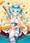 1girl blue_eyes blue_hair blush breasts glasses long_hair looking_at_viewer nigo semi-rimless_glasses smile solo star striped striped_legwear tongue tongue_out under-rim_glasses 