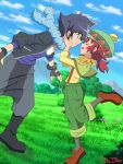  1boy 1girl alain_(pokemon) blue_eyes closed_eyes gloves hand_on_another&#039;s_cheek hand_on_another&#039;s_face hat long_hair manon_(pokemon) official_style pokemon pokemon_(game) pokemon_xy purple_hair redhead short_hair slyblue smile 