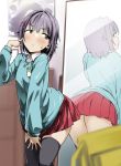  1girl blush brown_eyes idolmaster idolmaster_cinderella_girls kindergarten_uniform koshimizu_sachiko looking_at_mirror looking_back mirror pija_(pianiishimo) pleated_skirt purple_hair reflection short_hair skirt solo sweatdrop thigh-highs thinking 