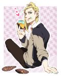  1boy blonde_hair blue_eyes casual food food_on_face hokuto_shun jojo_no_kimyou_na_bouken melone solo 