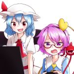 :d bat_wings blue_hair blue_shirt brooch commentary_request dress fang hat hat_ribbon headband jewelry kameyan komeiji_satori mob_cap open_mouth pink_hair playing_games red_ascot red_eyes red_ribbon remilia_scarlet ribbon shirt short_hair simple_background smile sweat third_eye touhou violet_eyes white_background white_dress wings 