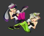  +_+ 2girls aori_(splatoon) ap@meito black_hair brown_eyes detached_collar dress earrings fangs food food_on_head gloves green_legwear grey_background grey_hair hotaru_(splatoon) jewelry long_hair looking_at_viewer lying mask mole mole_under_eye multiple_girls object_on_head on_back open_mouth pantyhose pointy_ears purple_legwear shoes short_dress short_hair short_jumpsuit smile splatoon strapless strapless_dress tentacle_hair tongue tongue_out white_gloves 