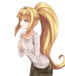  1girl belt blonde_hair guchico gundam gundam_iron-blooded_orphans hands_together kudelia_aina_bernstein long_hair ponytail sidelocks solo sweatdrop very_long_hair violet_eyes white_background 