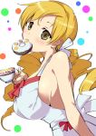  1girl armadillo-tokage bakemonogatari blonde_hair company_connection cosplay cup doughnut dress drill_hair food highres mahou_shoujo_madoka_magica monogatari_(series) mouth_hold oshino_shinobu oshino_shinobu_(cosplay) shaft teacup tomoe_mami twin_drills twintails 