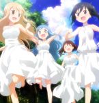  +_+ 4girls :3 bare_shoulders barefoot blonde_hair blue_eyes blue_hair blush breasts brown_eyes brown_hair closed_eyes closed_mouth clouds collarbone doma_umaru dress ebina_nana forest grass hair_ornament hairband hands_up highres himouto!_umaru-chan large_breasts laughing lens_flare long_dress lying messy_hair motoba_kirie multiple_girls nature on_back open_mouth ponytail purple_hair running screencap short_sleeves sky small_breasts smile stitched tachibana_sylphynford twintails violet_eyes wavy_hair white_dress 