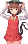  1girl :d animal_ears blush brown_eyes brown_hair cat_ears cat_tail chen fangs highres long_sleeves looking_at_viewer open_mouth shone short_hair simple_background skirt smile solo tail touhou white_background 