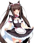  1girl animal_ears black_legwear brown_eyes brown_hair cat_ears cat_tail character_name chocola_(sayori) highres holding_skirt long_hair looking_at_viewer maid_headdress open_mouth sayori solo tail thigh-highs transparent_background twintails very_long_hair zettai_ryouiki 