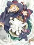  3girls akko_kagari blonde_hair blue_eyes broom broom_riding brown_eyes brown_hair clouds flying freckles glasses hair_over_one_eye hat little_witch_academia long_hair looking_at_another lotte_yanson multiple_girls open_mouth red_eyes smile sparkle sucy_manbabalan witch witch_hat 