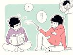  2boys arm_support barefoot black_hair blue_background book brothers heart heart_in_mouth hoodie ichimatsu indian_style jitome male_focus multiple_boys osomatsu-kun osomatsu-san osomatsu_(osomatsu-kun) partially_colored reading siblings simple_background sitting socks translation_request 