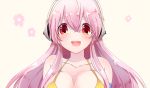  1girl bikini blush breasts cleavage headphones large_breasts long_hair looking_at_viewer nitroplus open_mouth pink_hair red_eyes smile solo super_sonico swimsuit turn 
