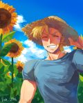  1boy blonde_hair caesar_anthonio_zeppeli facial_mark flower hat highres jojo_no_kimyou_na_bouken solo sun_hat sunabu sunflower 