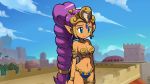  1girl armor bikini_armor blue_eyes bracelet braid breasts choker cleavage dark_skin earrings game_cg highres jewelry long_hair makoto_yabe navel official_art pointy_ears ponytail purple_hair shantae shantae_(character) shantae_and_the_pirate&#039;s_curse solo tiara very_long_hair 