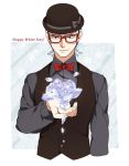  1boy blue_hair bowtie flower formal ghiaccio glasses hat hokuto_shun ice ice_flower jojo_no_kimyou_na_bouken red-framed_glasses solo suit 