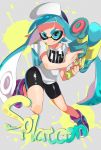  1girl aqua_eyes aqua_hair baseball_cap bike_shorts commentary container copyright_name domino_mask grey_background hat holding_weapon inkling leg_up long_hair looking_at_viewer mask paint_splatter pointy_ears sandato shoes short_sleeves single_vertical_stripe smile sneakers solo splatoon standing super_soaker t-shirt tentacle_hair 