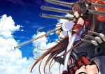  1girl ass breasts brown_hair cannon clouds cloudy_sky detached_sleeves flower hair_flower hair_ornament headgear highres kantai_collection large_breasts long_hair looking_at_viewer mugenshiki oriental_umbrella ponytail profile red_eyes sky solo thigh-highs turret umbrella very_long_hair white_legwear yamato_(kantai_collection) 