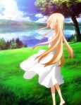  1girl absurdres arms_behind_back bare_shoulders barefoot blonde_hair blush brown_eyes clouds doma_umaru dress forest from_behind grass highres hill himouto!_umaru-chan lake lens_flare long_dress long_hair nature pine_tree reflection scenery screencap sky smile solo standing stitched tree white_dress wind 