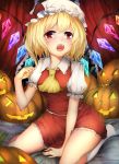  1girl :o absurdres ascot bat_wings between_thighs blonde_hair bow curtains fang flandre_scarlet frills halloween hat highres jack-o&#039;-lantern looking_at_viewer multicolored_wings no_shoes open_mouth pumpkin red_bow red_eyes red_skirt ribbon rokukatamari short_hair side_ponytail sitting skirt skirt_set solo touhou white_legwear wings 
