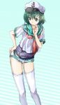  1girl green_eyes green_hair hat murasa_minamitsu neckerchief one-piece_swimsuit short_hair short_shorts shorts shorts_pull solo striped striped_background swimsuit thigh-highs touhou white_legwear yohane 