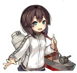  1girl :d black_hair grey_eyes hayasui_(kantai_collection) kantai_collection lino-lin looking_at_viewer open_mouth outstretched_arm outstretched_hand short_hair smile track_jacket turret white_background 