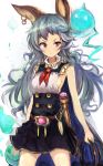  1girl animal_ears blue_hair blue_skirt breasts brown_eyes cape earrings ferry_(granblue_fantasy) granblue_fantasy holding_weapon hoop_earrings jewelry long_hair looking_at_viewer loose_belt marisayaka rabbit_ears sideboob single_earring skirt solo wavy_hair weapon whip 