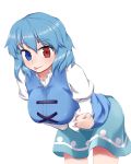  1girl :p blue_eyes blue_hair blush breasts drinking_(artist) eyebrows heterochromia highres juliet_sleeves large_breasts long_sleeves looking_at_viewer puffy_sleeves red_eyes seductive_smile skirt smile solo tatara_kogasa thick_eyebrows tongue tongue_out touhou tunic 