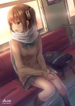  1girl brown_eyes brown_hair canned_coffee d-style_wed hair_ornament kantai_collection open_mouth scarf school_uniform sendai_(kantai_collection) short_hair solo train train_interior two_side_up 