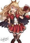  1girl artist_name blonde_hair blush book cagliostro_(granblue_fantasy) character_name crazy_eyes crazy_smile crown granblue_fantasy long_hair looking_at_viewer open_mouth red_skirt sakiyamama simple_background skirt smile solo thigh-highs twitter_username violet_eyes white_background 