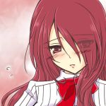  1girl blush bow embarrassed hair_over_one_eye kirijou_mitsuru long_hair lowres parted_lips persona persona_3 red_eyes redhead ribbon roku_(345) school_uniform simple_background solo 