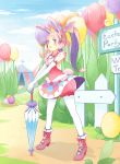  1girl animal_ears ballon bird blue_eyes bow chick egg elbow_gloves fence flower gloves hair_bow hair_flower hair_ornament high_heels highres open_mouth original picket_fence pink_hair pink_shoes rabbit_ears rikan shoes tent tulip umbrella white_gloves white_legwear wooden_fence 