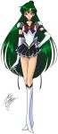  1girl bishoujo_senshi_sailor_moon black_skirt boots bow brooch brown_bow choker elbow_gloves full_body gloves green_hair hair_bun hand_on_hip jewelry knee_boots long_hair marco_albiero meiou_setsuna red_eyes sailor_collar sailor_pluto signature skirt smile solo standing super_sailor_pluto_(stars) tiara white_background white_boots white_gloves 