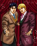  2boys blonde_hair blue_hair curtains dio_brando formal jojo_no_kimyou_na_bouken jonathan_joestar multiple_boys musical_note negu_(geneg) official_style singing 