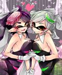  2girls aori_(splatoon) black_hair blush breast_press commentary cowboy_shot detached_collar dress earrings fangs food food_on_head gloves heart highres holding_hands hotaru_(splatoon) interlocked_fingers jewelry kashiwagi_minato long_hair looking_at_viewer mask mole mole_under_eye multiple_girls object_on_head one_eye_closed open_mouth pointy_ears pose short_dress short_hair short_jumpsuit smile sparkle splatoon strapless strapless_dress symmetrical_docking tentacle_hair white_gloves 