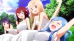  4girls :3 bare_shoulders blonde_hair blue_hair blush breasts brown_eyes brown_hair closed_eyes closed_mouth clouds collarbone doma_umaru dress ebina_nana forest grass hair_ornament hairband hands_up highres himouto!_umaru-chan kneeling large_breasts laughing long_dress lying motoba_kirie multiple_girls nature on_back open_mouth purple_hair screencap short_sleeves sitting sky small_breasts smile stitched stretch tachibana_sylphynford twintails violet_eyes white_dress 