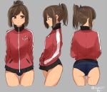  1girl arms_behind_back ass brown_eyes brown_hair hands_in_pockets i-401_(kantai_collection) isshiki_(ffmania7) kantai_collection multiple_views ponytail school_swimsuit sketch smile swimsuit swimsuit_under_clothes thighs track_jacket twitter_username 