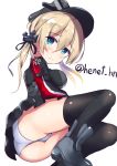  1girl anchor_hair_ornament blonde_hair blue_eyes blush breasts gloves hair_ornament hat henet_hene kantai_collection long_hair looking_at_viewer microskirt military military_uniform peaked_cap prinz_eugen_(kantai_collection) skirt solo thigh-highs twintails uniform 