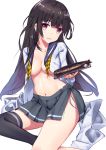  1girl black_hair black_legwear breasts collarbone fish henet_hene isokaze_(kantai_collection) kantai_collection large_breasts long_hair long_sleeves looking_at_viewer midriff navel no_bra open_clothes open_mouth open_shirt open_skirt pink_eyes plate shirt single_thighhigh sitting skirt smile solo thigh-highs very_long_hair zettai_ryouiki 