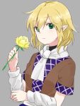  1girl arm_warmers blonde_hair flower green_eyes grey_background looking_at_viewer mizuhashi_parsee pointy_ears scarf shirt short_hair short_sleeves simple_background solo taiki_(ozone) touhou turtleneck upper_body vest 