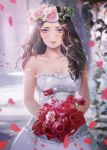  1girl black_hair bouquet dress flower hair_flower hair_ornament hanato_(seonoaiko) long_hair original solo violet_eyes wedding_dress 