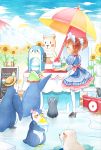  1girl bear bird blue_sky blush bow brown_hair clouds flower green_eyes hat highres ice_skates igloo maid menu_board mountain one_leg_raised original penguin rikana seal shaved_ice shawl skates sky straw sunflower umbrella wagon white_legwear 