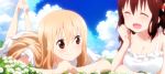  2girls blonde_hair blush breasts brown_eyes brown_hair closed_eyes closed_mouth clouds collarbone doma_umaru dress ebina_nana flower frilled_dress frills grass hair_ornament highres himouto!_umaru-chan large_breasts laughing long_hair lying multiple_girls on_stomach open_mouth screencap short_sleeves sky smile stitched white_dress 