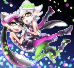  +_+ 2girls ajicox aori_(splatoon) black_hair brown_eyes detached_collar dress earrings fangs food food_on_head gloves green_legwear highres holding_hands hotaru_(splatoon) interlocked_fingers jewelry long_hair looking_at_viewer mask mole mole_under_eye multiple_girls object_on_head open_mouth pantyhose pointy_ears purple_legwear shoes short_dress short_hair short_jumpsuit smile splatoon strapless strapless_dress tentacle_hair white_gloves 