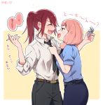  2girls ^_^ anger_vein bang_dream! belt black_neckwear black_pants blue_shirt blue_skirt cigarette closed_eyes closed_eyes collared_shirt fang green_eyes holding holding_cigarette holding_lighter lighter long_sleeves looking_at_another low_twintails multiple_girls necktie necktie_grab neckwear_grab outline pants pink_hair police police_uniform policewoman ponytail re_ghotion redhead shirt short_sleeves skirt sleeves_folded_up translated twintails udagawa_tomoe uehara_himari uniform white_outline white_shirt 